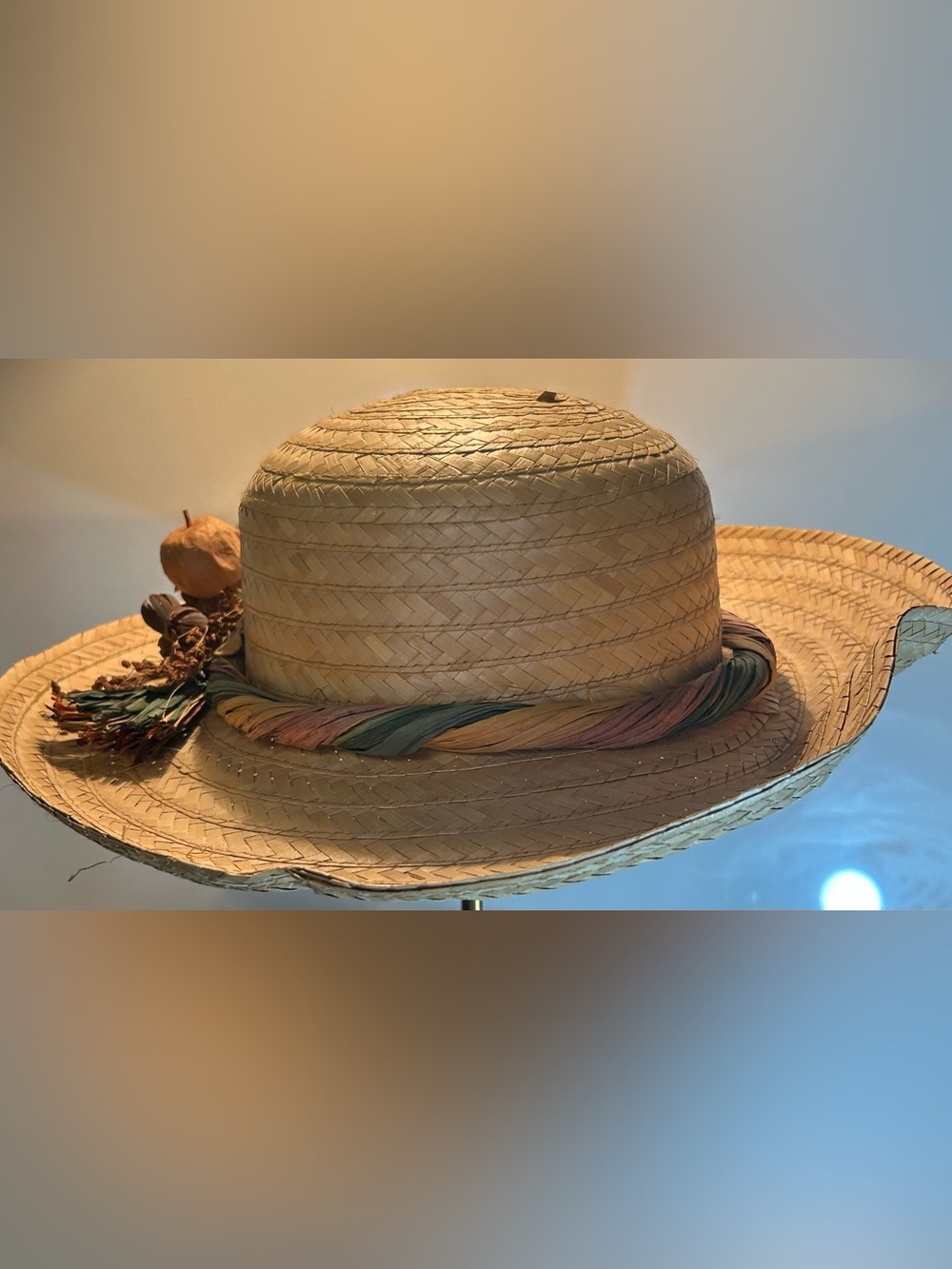 Vintage Natural Straw Sun Hat with Dried Floral Accent